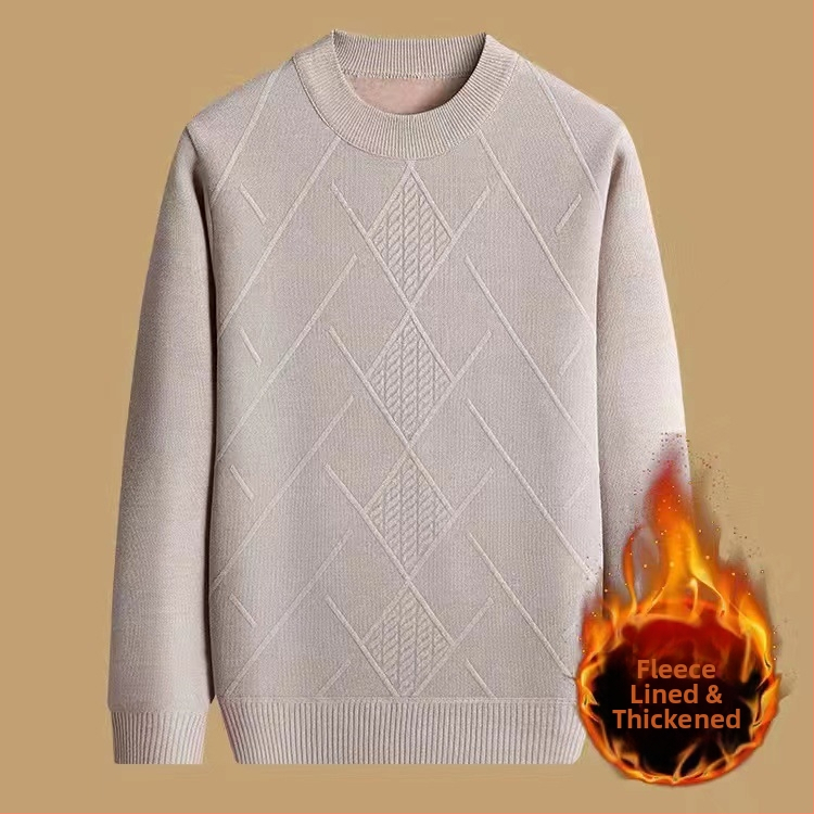 Vyrinis žieminis megztinis su džakardo raštu, apvalus kaklas, fliso pamušalas, 30–35% vilnos, vidutinio ilgio