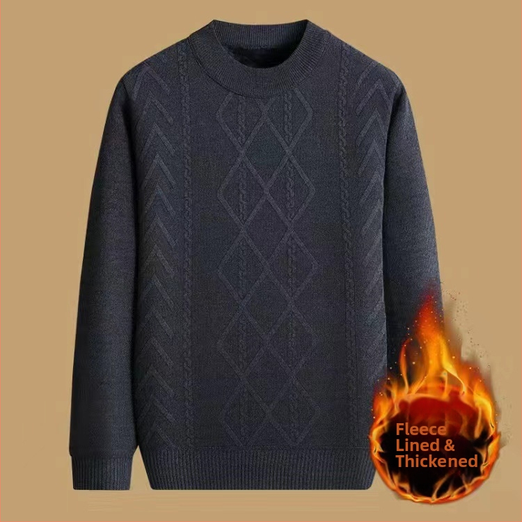 Vyrinis žieminis megztinis su džakardo raštu, apvalus kaklas, fliso pamušalas, 30–35% vilnos, vidutinio ilgio