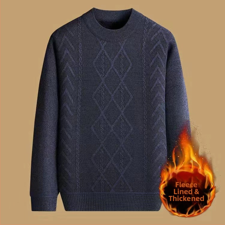 Vyrinis žieminis megztinis su džakardo raštu, apvalus kaklas, fliso pamušalas, 30–35% vilnos, vidutinio ilgio