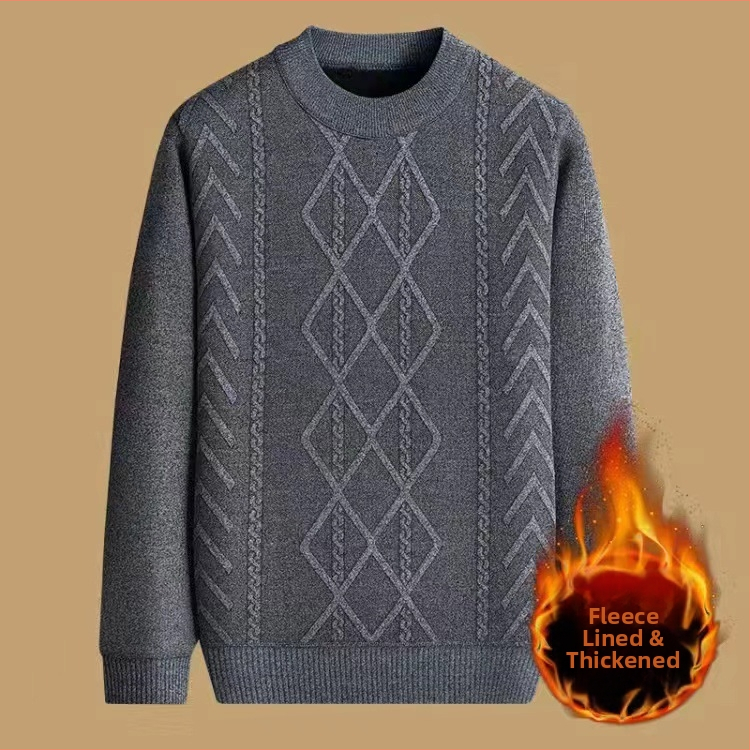 Vyrinis žieminis megztinis su džakardo raštu, apvalus kaklas, fliso pamušalas, 30–35% vilnos, vidutinio ilgio