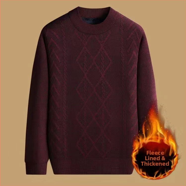 Vyrinis žieminis megztinis su džakardo raštu, apvalus kaklas, fliso pamušalas, 30–35% vilnos, vidutinio ilgio