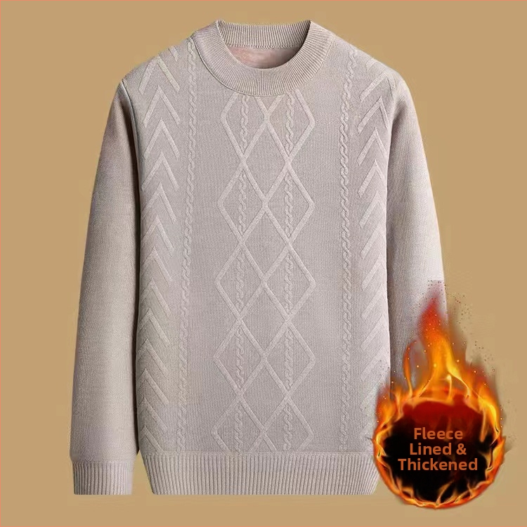 Vyrinis žieminis megztinis su džakardo raštu, apvalus kaklas, fliso pamušalas, 30–35% vilnos, vidutinio ilgio