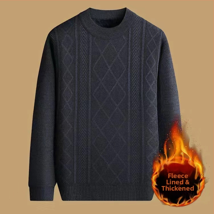 Vyrinis žieminis megztinis su džakardo raštu, apvalus kaklas, fliso pamušalas, 30–35% vilnos, vidutinio ilgio