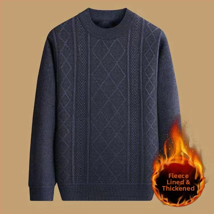 Vyrinis žieminis megztinis su džakardo raštu, apvalus kaklas, fliso pamušalas, 30–35% vilnos, vidutinio ilgio