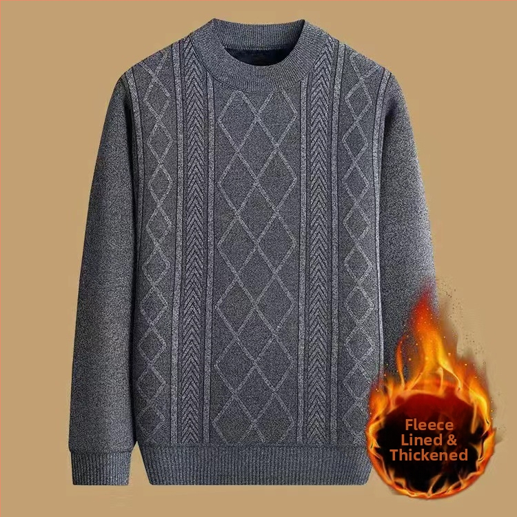 Vyrinis žieminis megztinis su džakardo raštu, apvalus kaklas, fliso pamušalas, 30–35% vilnos, vidutinio ilgio