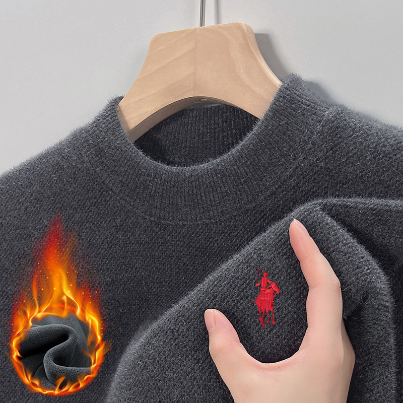 Pulover za muškarce srednje dobi, s flis podstavom, pleten od Mink velvet, s polu visokim ovratnikom, širokog kroja