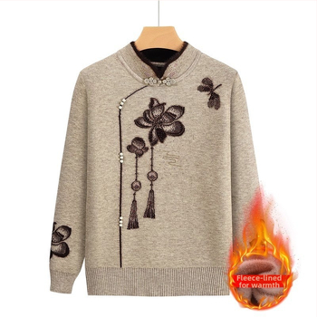 Fleece-pletený sveter pre staršie ženy, dlhé rukávy, polo otvorený golier; materiál Acrylic, hlavný materiál triacetát do 30%; štýl japonsko-kórejský voľný