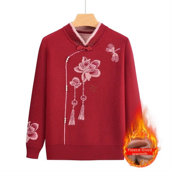 Fleece-pletený sveter pre staršie ženy, dlhé rukávy, polo otvorený golier; materiál Acrylic, hlavný materiál triacetát do 30%; štýl japonsko-kórejský voľný