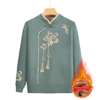 Fleece-pletený sveter pre staršie ženy, dlhé rukávy, polo otvorený golier; materiál Acrylic, hlavný materiál triacetát do 30%; štýl japonsko-kórejský voľný