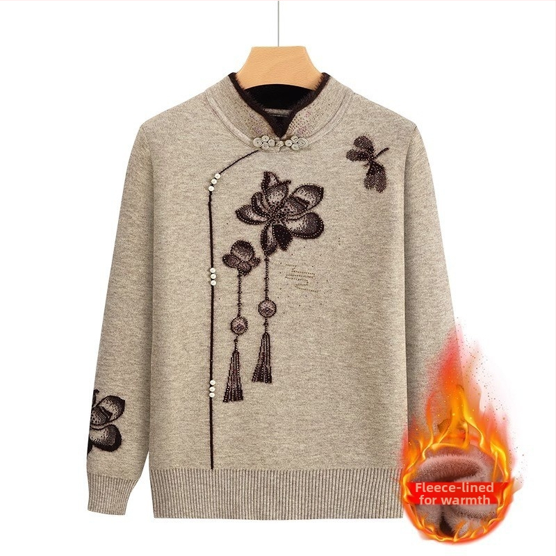 Fleece-pletený sveter pre staršie ženy, dlhé rukávy, polo otvorený golier; materiál Acrylic, hlavný materiál triacetát do 30%; štýl japonsko-kórejský voľný