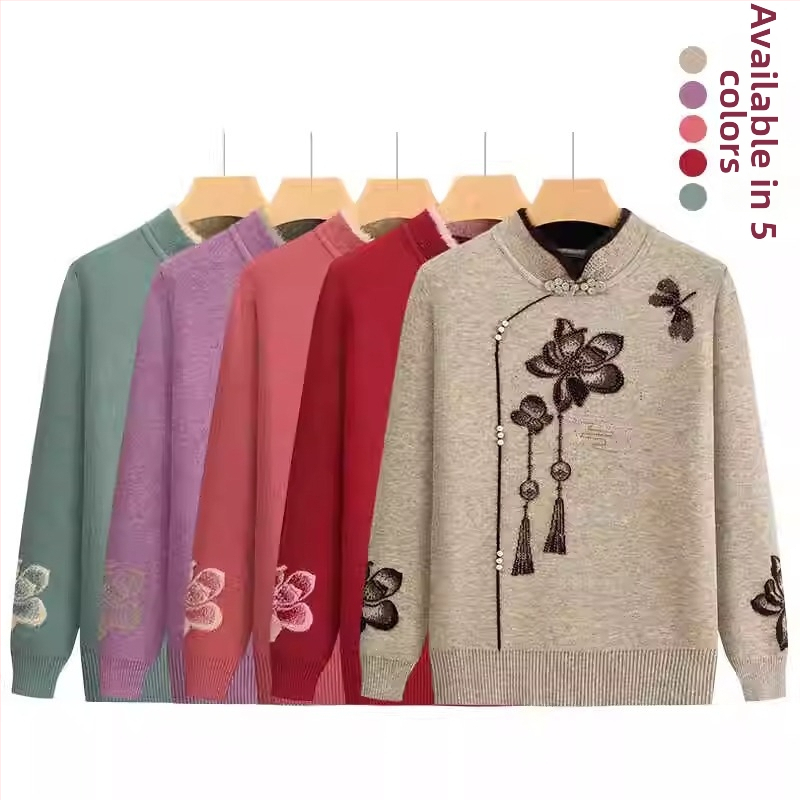 Fleece-pletený sveter pre staršie ženy, dlhé rukávy, polo otvorený golier; materiál Acrylic, hlavný materiál triacetát do 30%; štýl japonsko-kórejský voľný