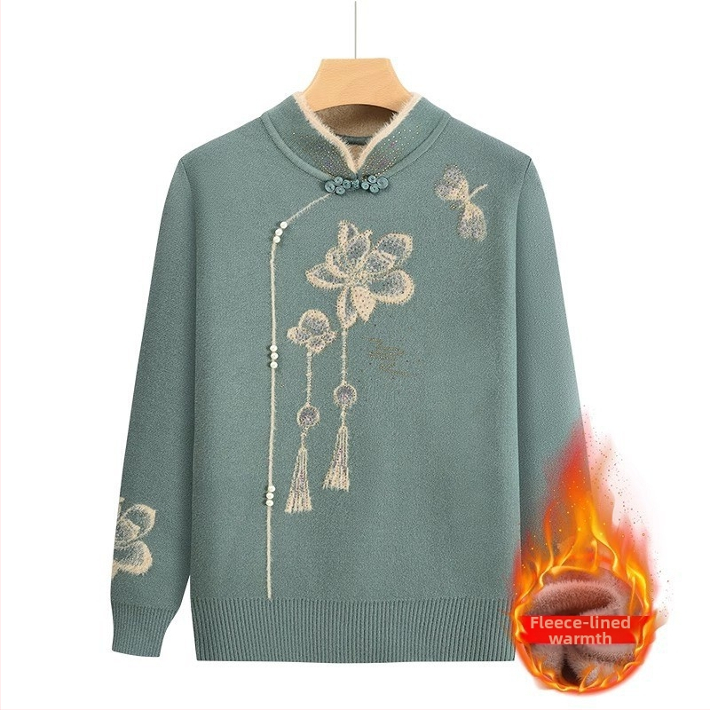 Fleece-pletený sveter pre staršie ženy, dlhé rukávy, polo otvorený golier; materiál Acrylic, hlavný materiál triacetát do 30%; štýl japonsko-kórejský voľný