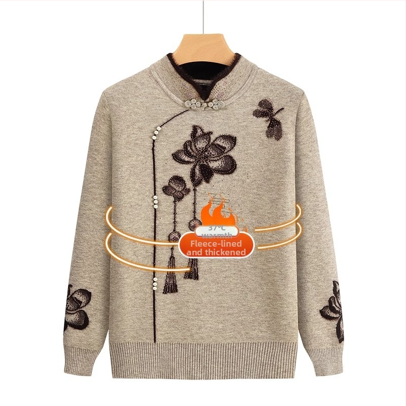 Fleece-pletený sveter pre staršie ženy, dlhé rukávy, polo otvorený golier; materiál Acrylic, hlavný materiál triacetát do 30%; štýl japonsko-kórejský voľný