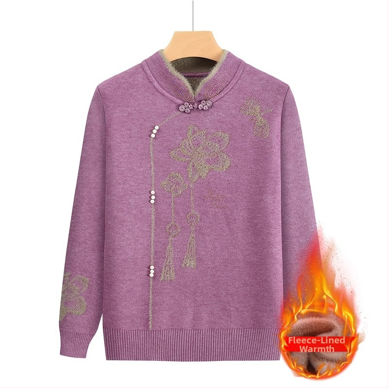 Fleece-pletený sveter pre staršie ženy, dlhé rukávy, polo otvorený golier; materiál Acrylic, hlavný materiál triacetát do 30%; štýl japonsko-kórejský voľný