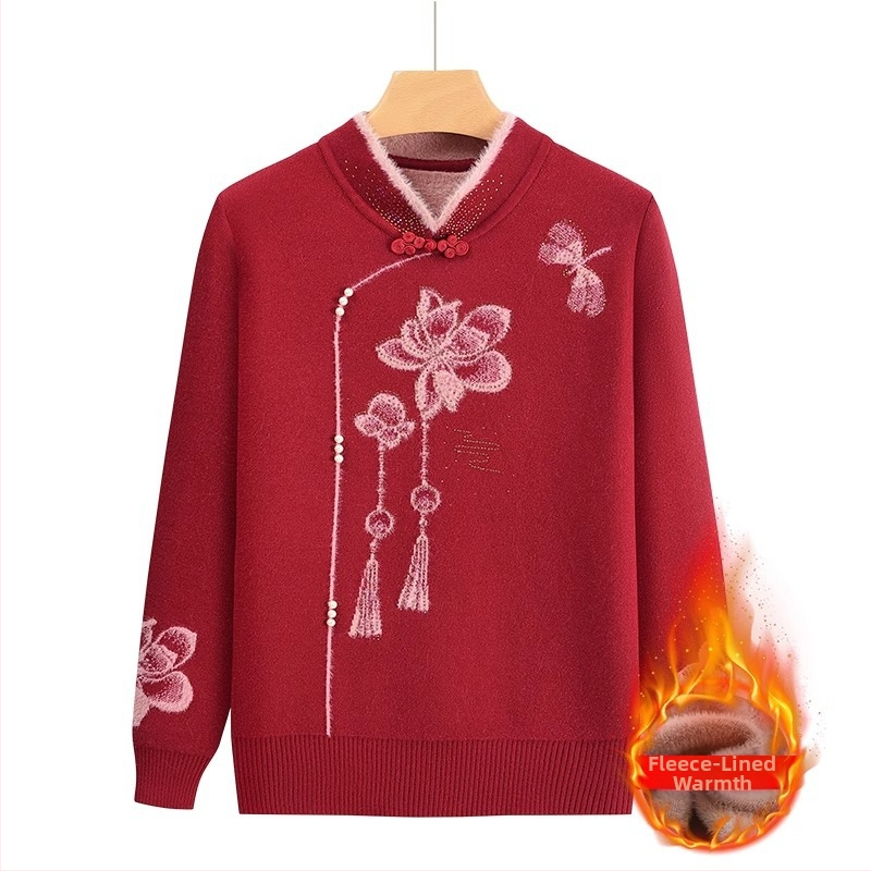 Fleece-pletený sveter pre staršie ženy, dlhé rukávy, polo otvorený golier; materiál Acrylic, hlavný materiál triacetát do 30%; štýl japonsko-kórejský voľný