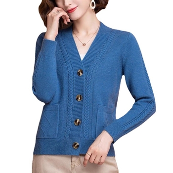 Ženski pleteni kardigan, ležernog kroja, V-izrez, srednja težina pletenine, mješavina akrila i poliestera, japansko-korejski ležerni stil