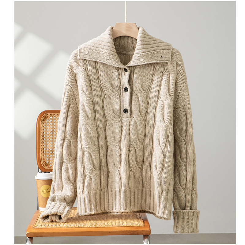 Džemper s kapuljom od debelog vunenog vlakna, retro kabelski uzorak i zatvarač, udoban kroj.