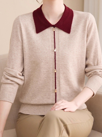 Cardigan-stil džemper, lagani pleteni materijal, polo ovratnik, duge rukave, udoban kroj