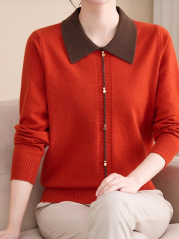 Cardigan-stil džemper, lagani pleteni materijal, polo ovratnik, duge rukave, udoban kroj