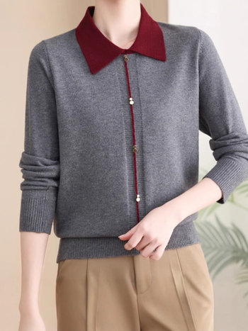 Cardigan-stil džemper, lagani pleteni materijal, polo ovratnik, duge rukave, udoban kroj