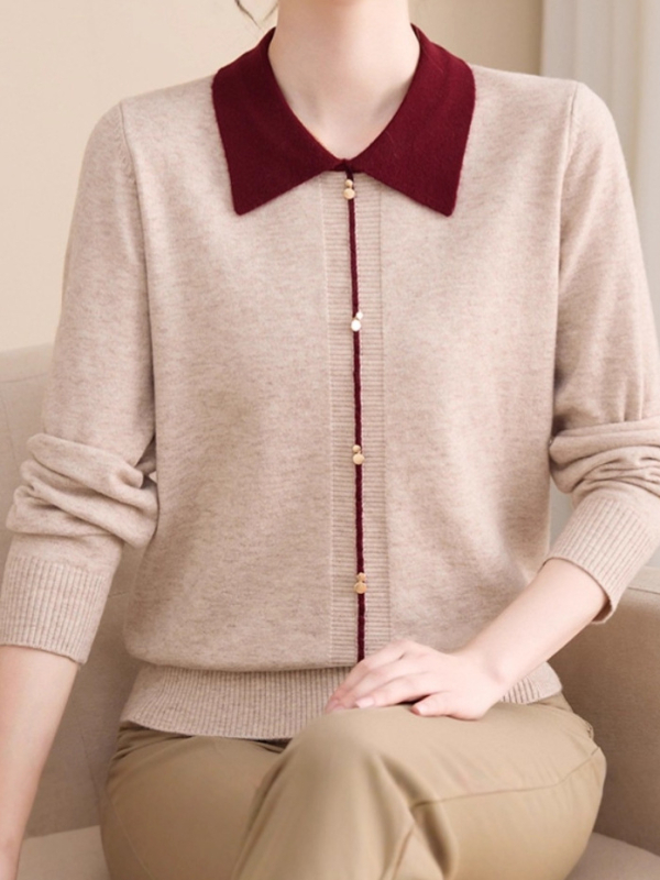Cardigan-stil džemper, lagani pleteni materijal, polo ovratnik, duge rukave, udoban kroj