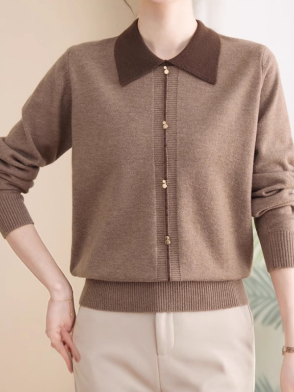 Cardigan-stil džemper, lagani pleteni materijal, polo ovratnik, duge rukave, udoban kroj