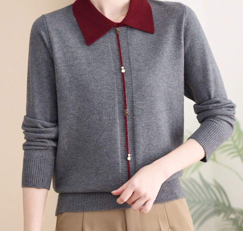 Cardigan-stil džemper, lagani pleteni materijal, polo ovratnik, duge rukave, udoban kroj