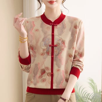 Top tricotat lejer pentru femei cu imprimeu floral, glugă, croială lejeră, guler rotund; poliester 90–95%.