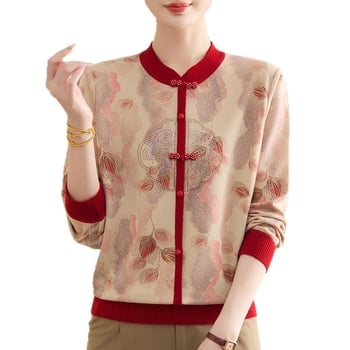 Top tricotat lejer pentru femei cu imprimeu floral, glugă, croială lejeră, guler rotund; poliester 90–95%.