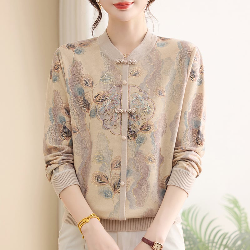 Top tricotat lejer pentru femei cu imprimeu floral, glugă, croială lejeră, guler rotund; poliester 90–95%.