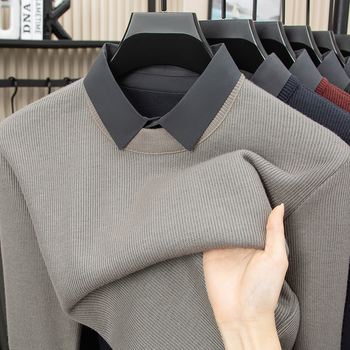 Žieminis megztinis su fliso įdaila ir jacquard mezgimo raštais, marškinėlių tipo apykaklė, laisvas kirpimas, ilgomis rankovėmis