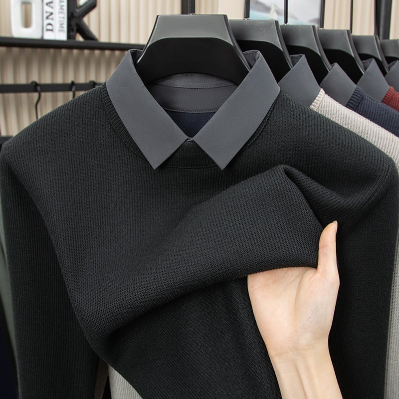 Žieminis megztinis su fliso įdaila ir jacquard mezgimo raštais, marškinėlių tipo apykaklė, laisvas kirpimas, ilgomis rankovėmis