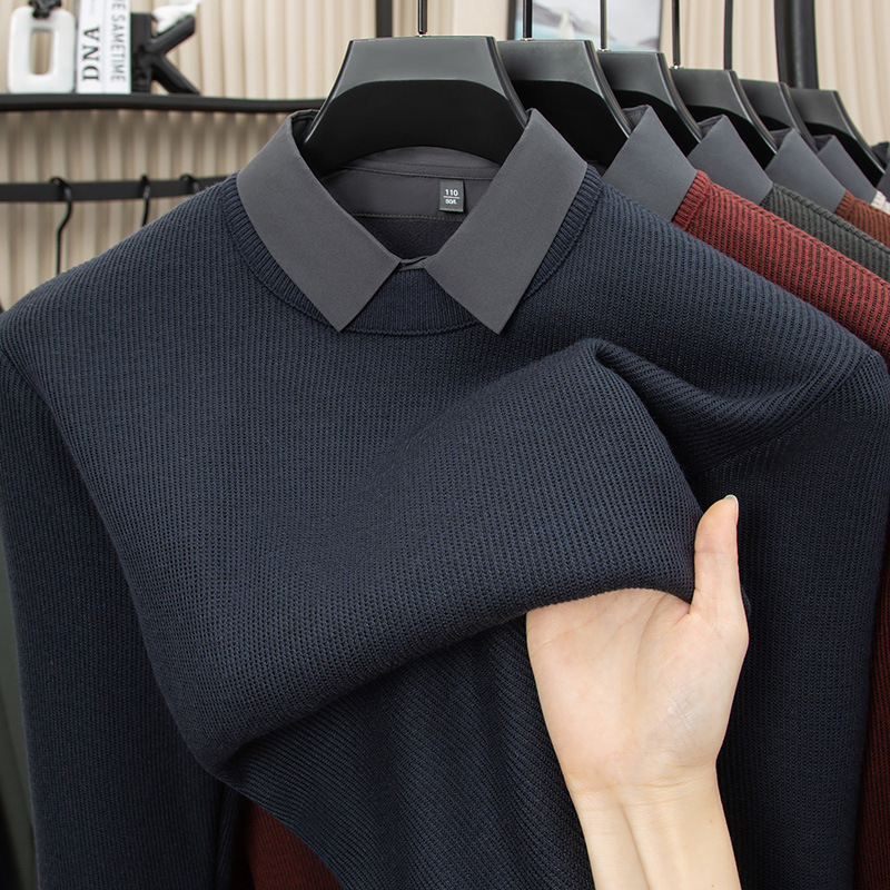 Žieminis megztinis su fliso įdaila ir jacquard mezgimo raštais, marškinėlių tipo apykaklė, laisvas kirpimas, ilgomis rankovėmis