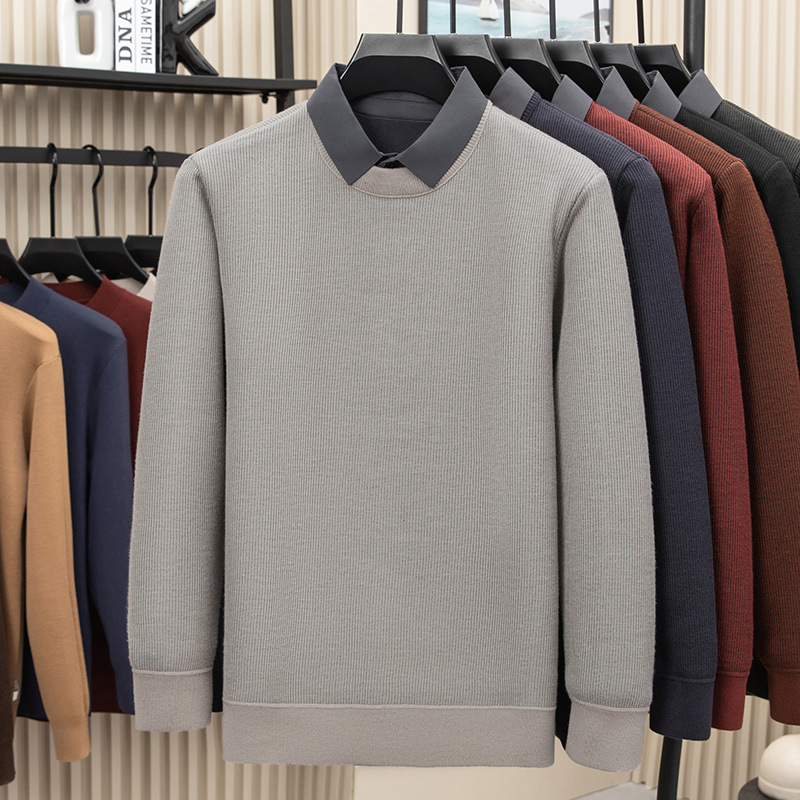 Žieminis megztinis su fliso įdaila ir jacquard mezgimo raštais, marškinėlių tipo apykaklė, laisvas kirpimas, ilgomis rankovėmis