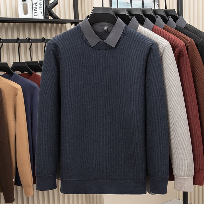 Žieminis megztinis su fliso įdaila ir jacquard mezgimo raštais, marškinėlių tipo apykaklė, laisvas kirpimas, ilgomis rankovėmis