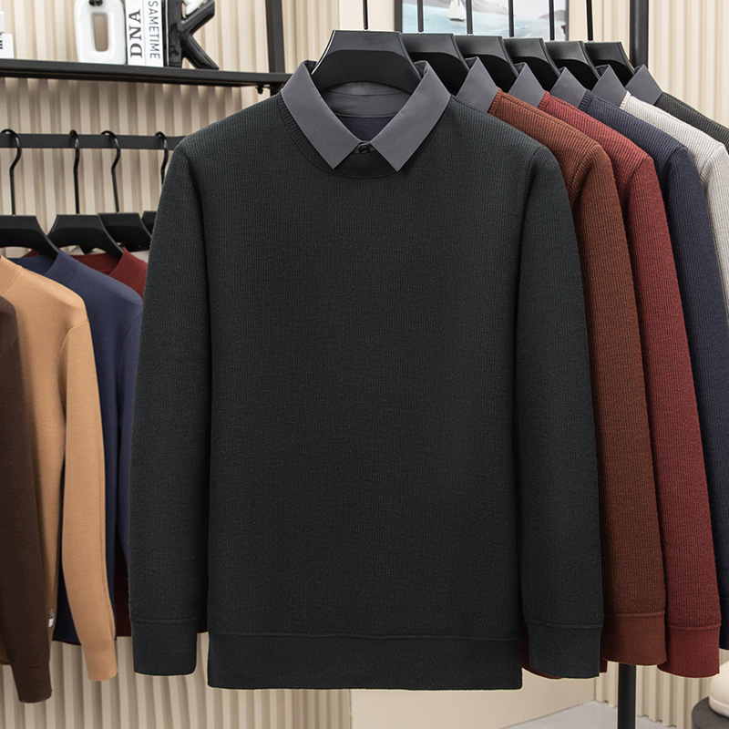 Žieminis megztinis su fliso įdaila ir jacquard mezgimo raštais, marškinėlių tipo apykaklė, laisvas kirpimas, ilgomis rankovėmis