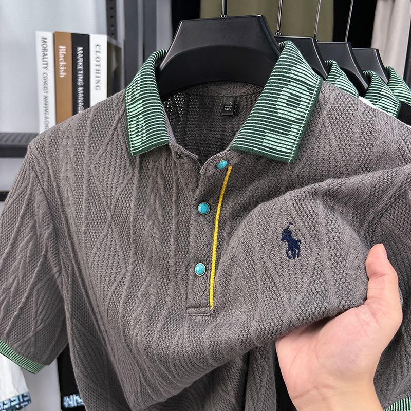 Férfi jacquard kötött felső rövid ujjú, lélegző, 100% pamut, laza szabású