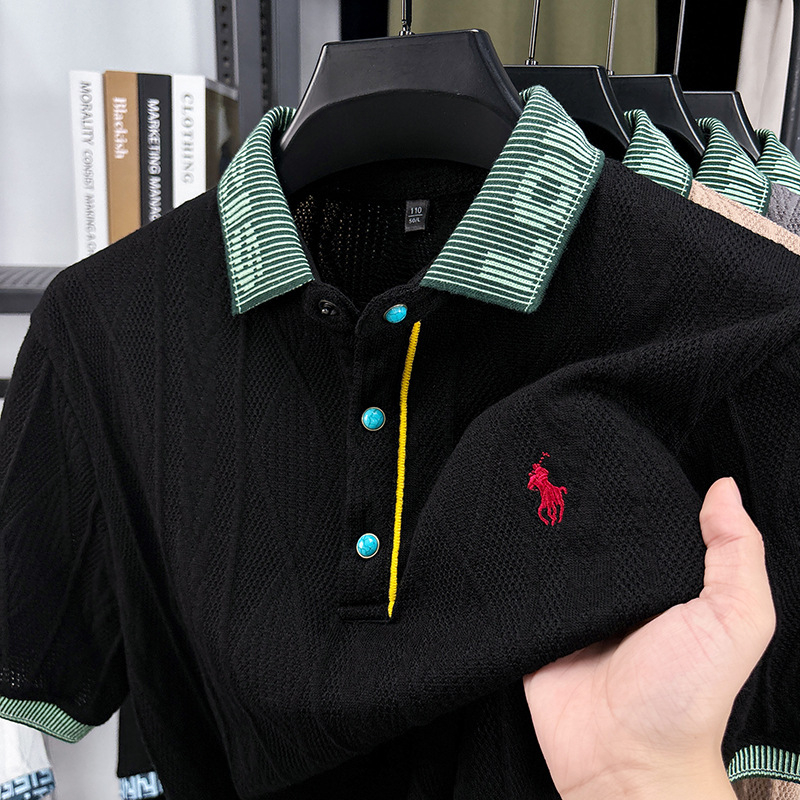 Férfi jacquard kötött felső rövid ujjú, lélegző, 100% pamut, laza szabású