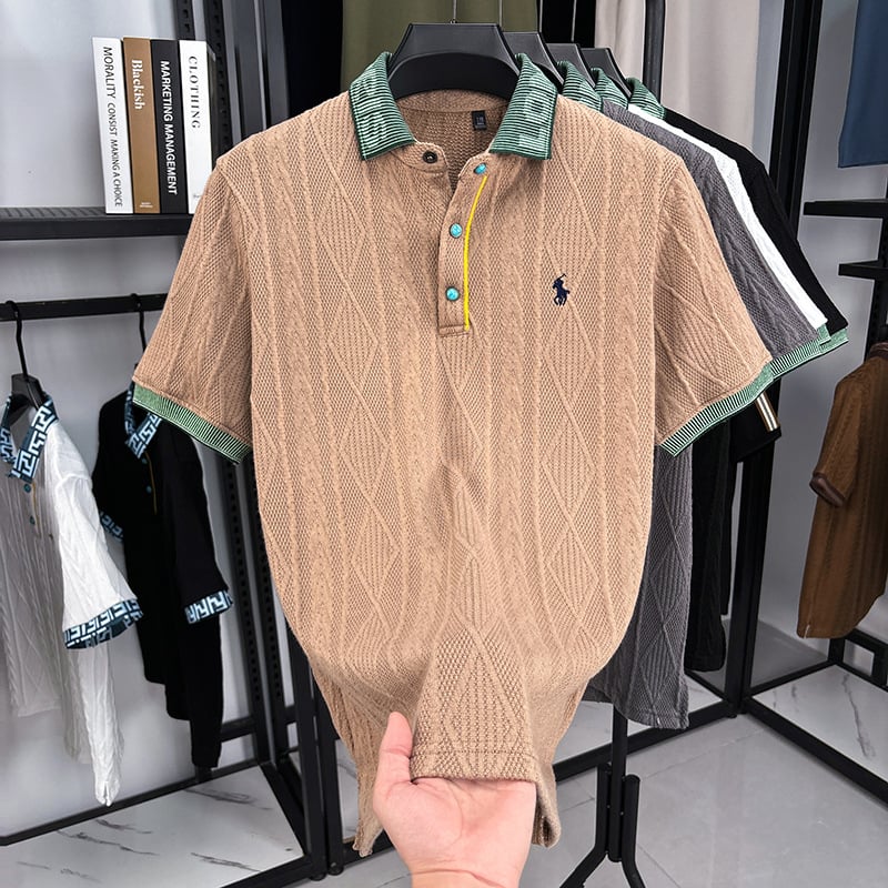 Férfi jacquard kötött felső rövid ujjú, lélegző, 100% pamut, laza szabású