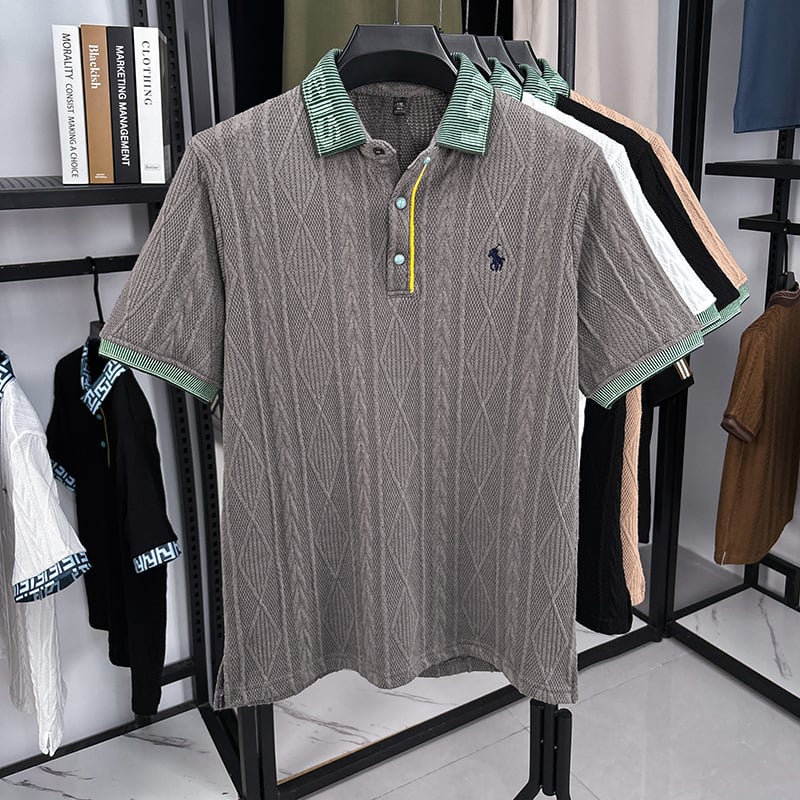 Férfi jacquard kötött felső rövid ujjú, lélegző, 100% pamut, laza szabású