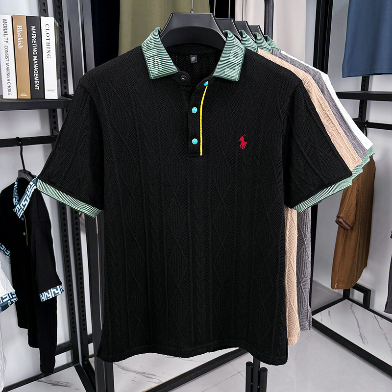 Férfi jacquard kötött felső rövid ujjú, lélegző, 100% pamut, laza szabású