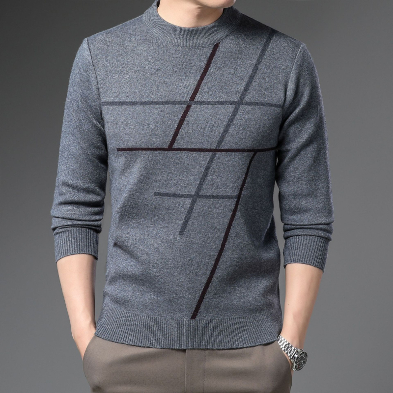Vyriškas džemperis su džakardo raštu, apvaliu kaklu, laisvas kirpimas, 100% vilna, žieminis drabužis