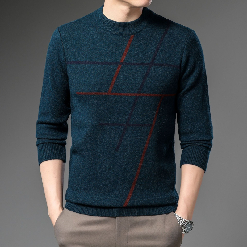Vyriškas džemperis su džakardo raštu, apvaliu kaklu, laisvas kirpimas, 100% vilna, žieminis drabužis