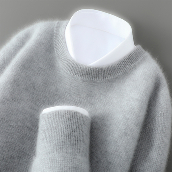 Vyrų vilnos megztinis su apvaliu kaklu, laisvas kirpimas, 100% vilna, storas mezgimo audinys, ilgos rankovės