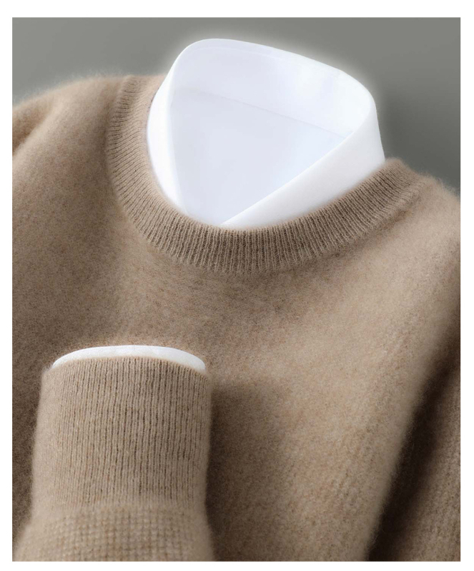 Vyrų vilnos megztinis su apvaliu kaklu, laisvas kirpimas, 100% vilna, storas mezgimo audinys, ilgos rankovės