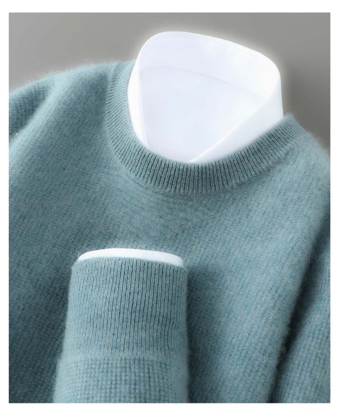 Vyrų vilnos megztinis su apvaliu kaklu, laisvas kirpimas, 100% vilna, storas mezgimo audinys, ilgos rankovės