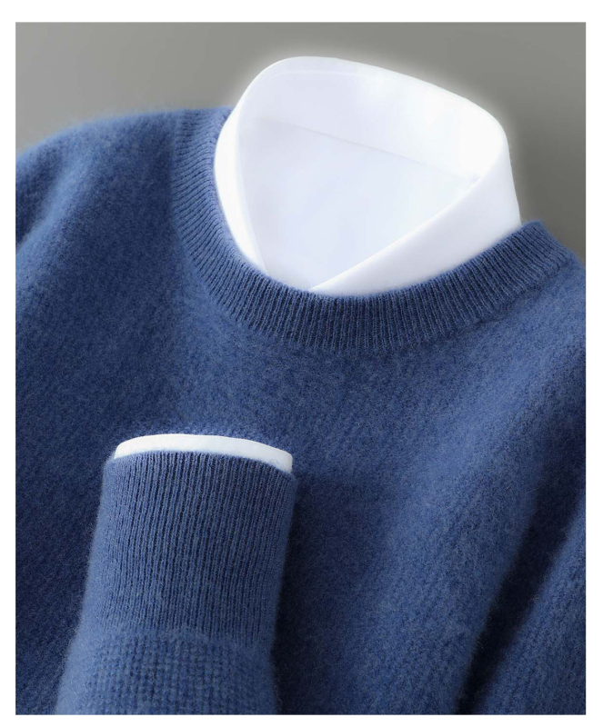 Vyrų vilnos megztinis su apvaliu kaklu, laisvas kirpimas, 100% vilna, storas mezgimo audinys, ilgos rankovės