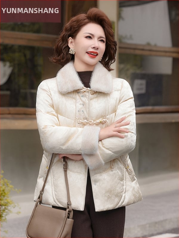 Palton de iarnă elegant pentru femei, umplutură poliester-pamă, imprimeu floral, guler din blană artificială, croială lejeră, potrivit pentru femei de vârsta mijlocie și în vârstă