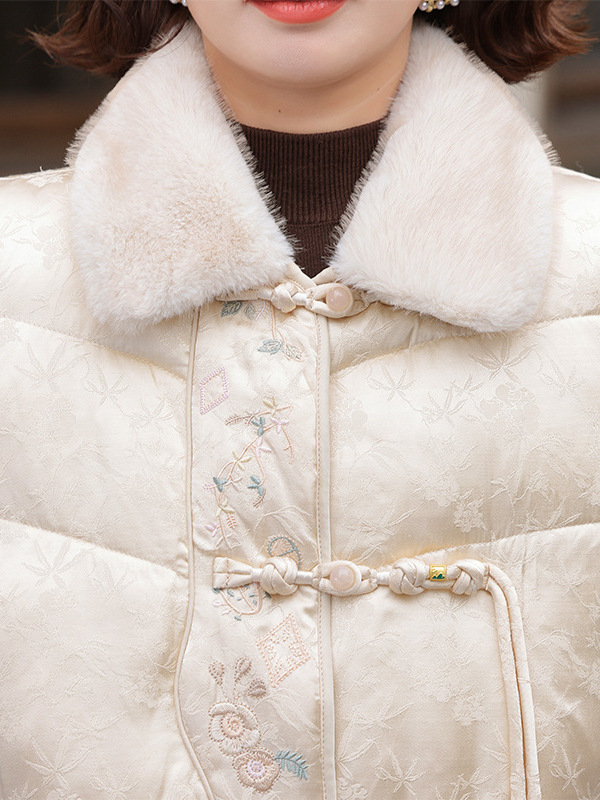 Palton de iarnă elegant pentru femei, umplutură poliester-pamă, imprimeu floral, guler din blană artificială, croială lejeră, potrivit pentru femei de vârsta mijlocie și în vârstă