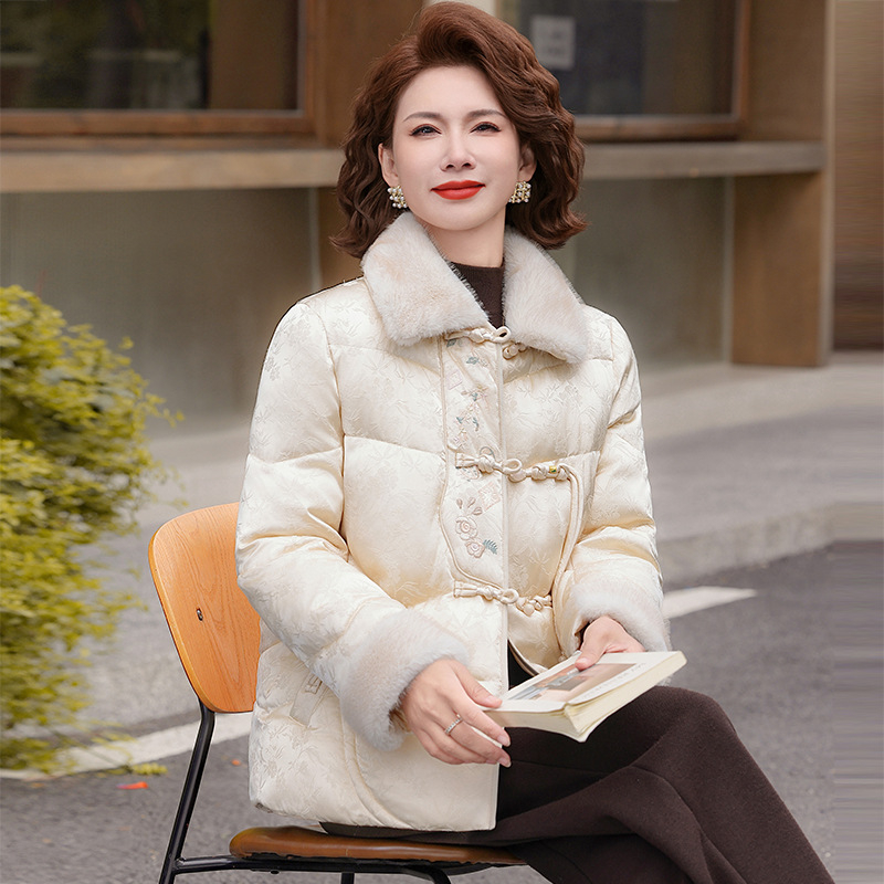 Palton de iarnă elegant pentru femei, umplutură poliester-pamă, imprimeu floral, guler din blană artificială, croială lejeră, potrivit pentru femei de vârsta mijlocie și în vârstă